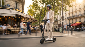 Homme roulant en ville en trottinette électrique avec un casque et des gants