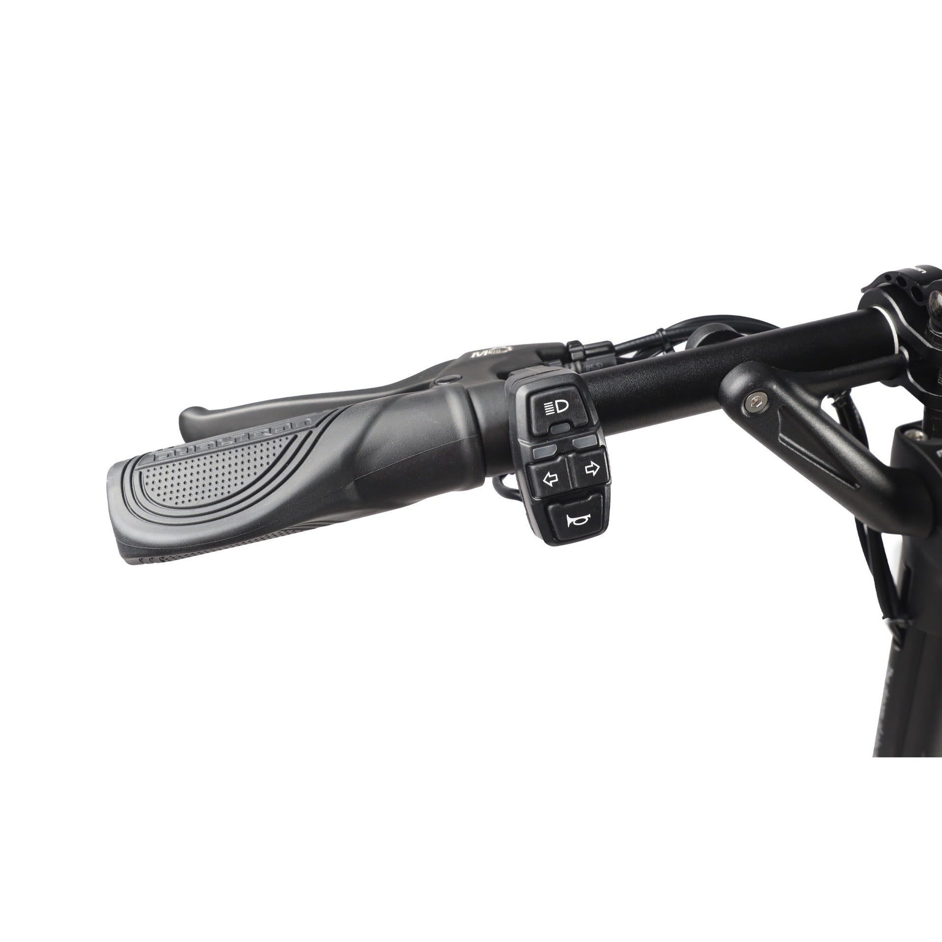 Vue détaillée du guidon + boutons des feux et clignotants de la trottinette électrique Dualtron Aminia