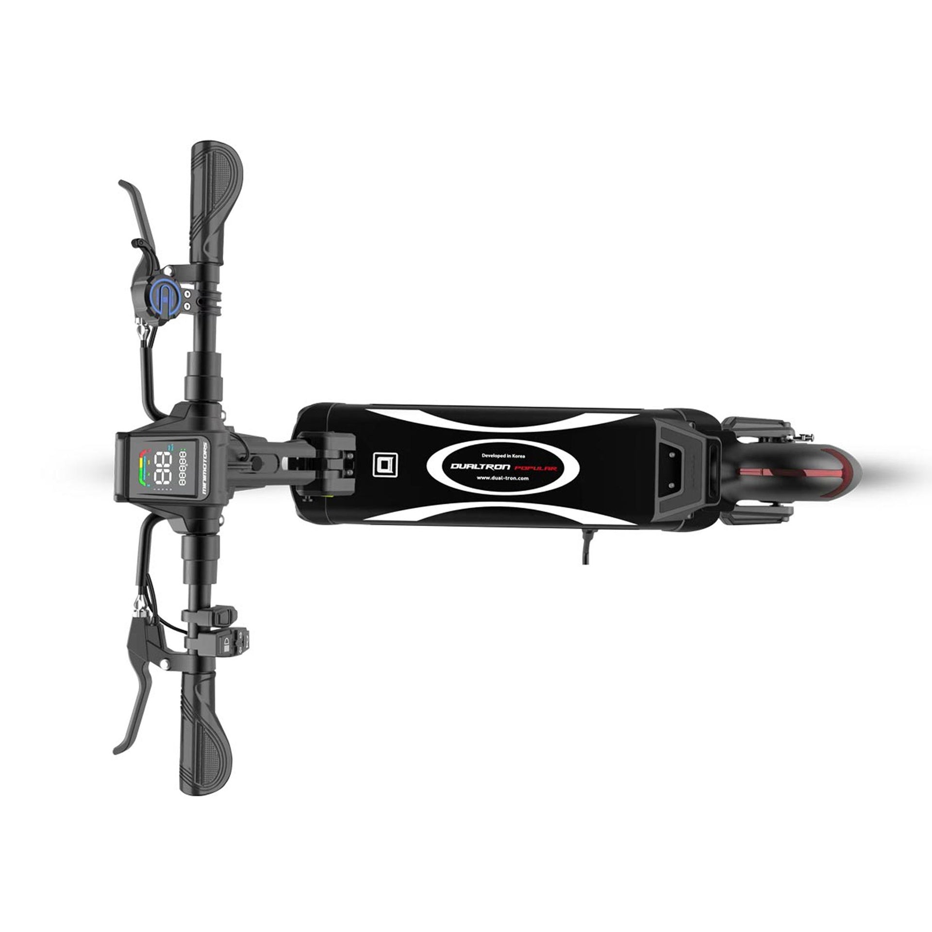 Vue du dessus de la Dualtron Pop 52V – écran LCD central et plateau antidérapant