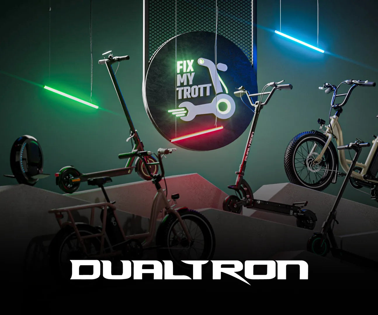 logo dualtron devant les podiums de trottinettes électriques