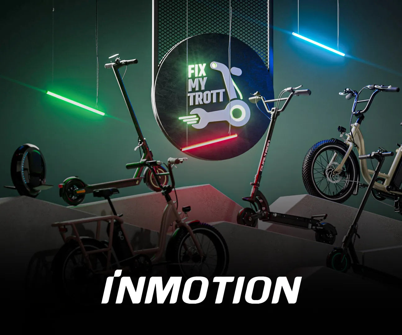 logo inmotion devant les podiums de trottinettes électriques