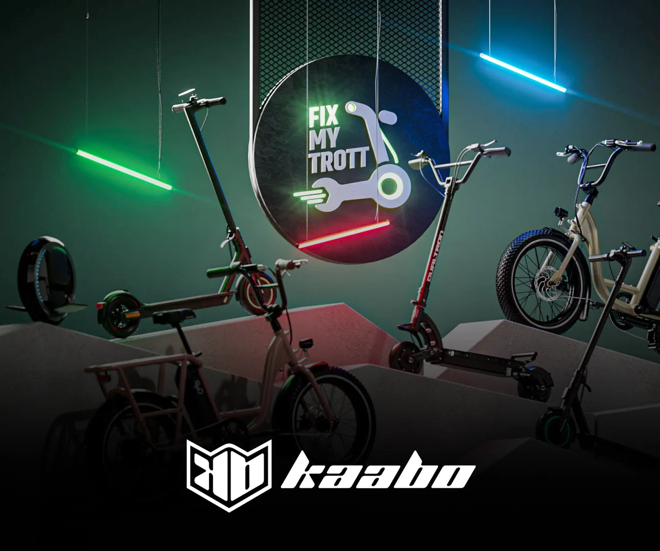logo kaabol devant les podiums de trottinettes électriques