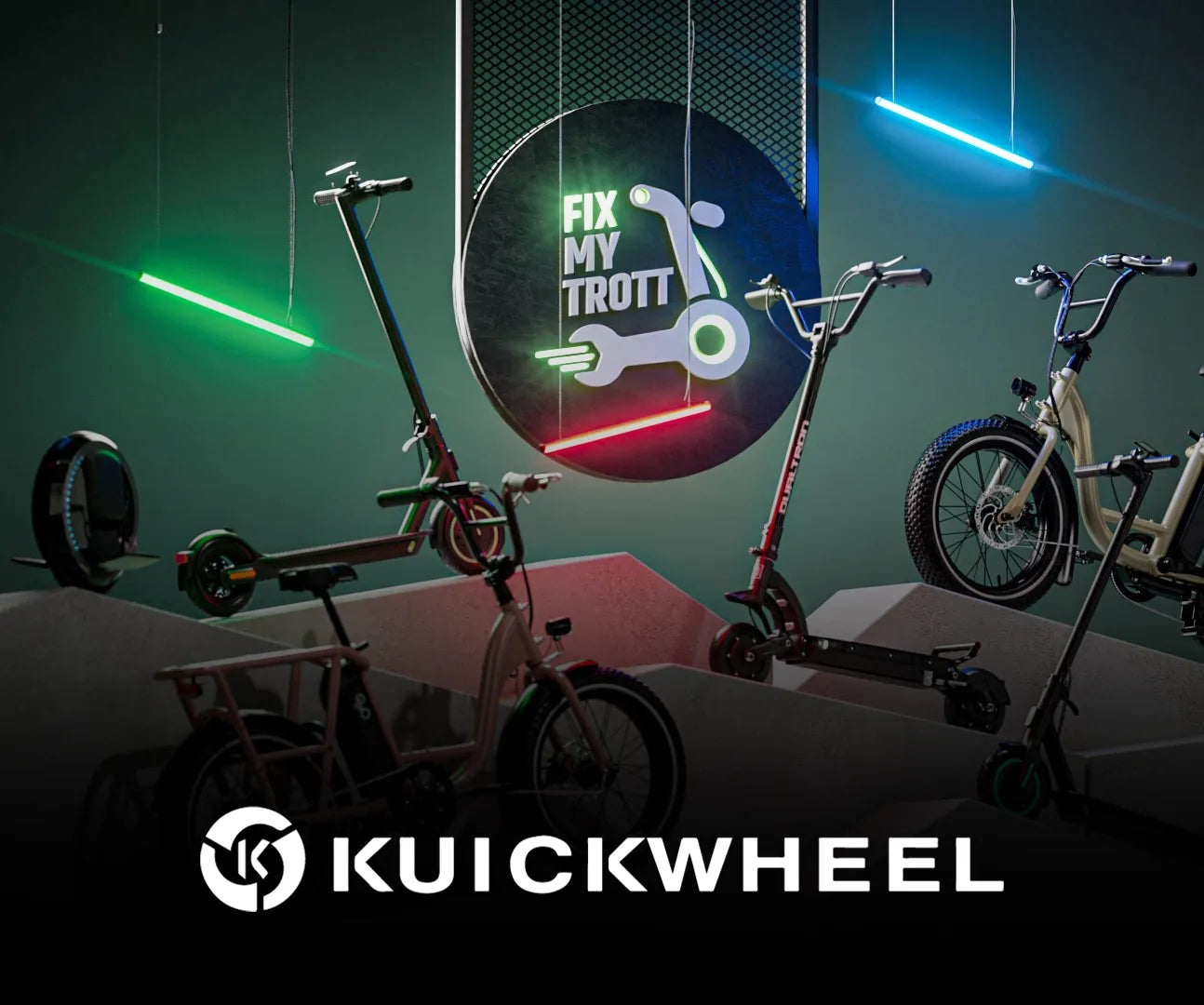 logo kuickwheel devant les podiums de trottinettes électriques