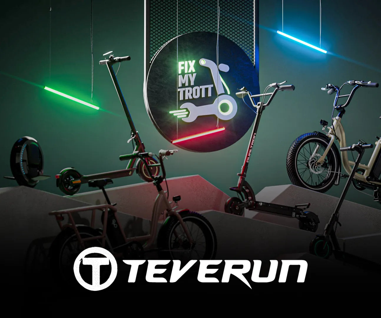 logo Teverun devant les podiums de trottinettes électriques